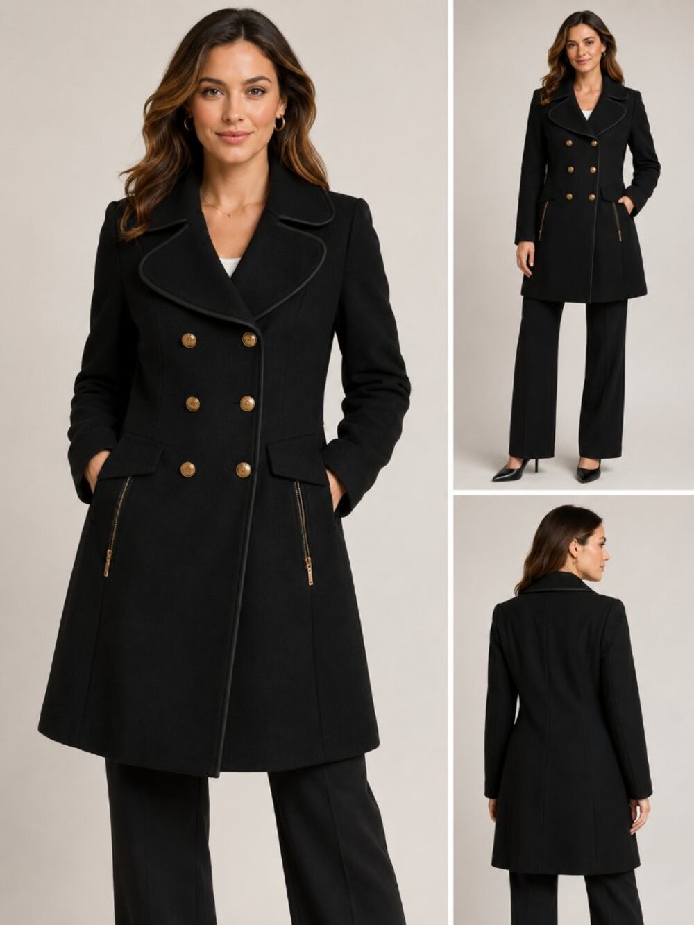 Zara Black Pea Coat Classic Double Breasted Style